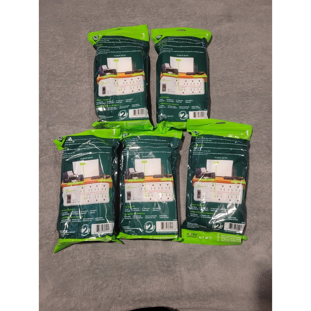 Lot of 5 Greenlite Tier 1 Energy Saving Advanced Power Strip 7 Outlet Surge 3ft
